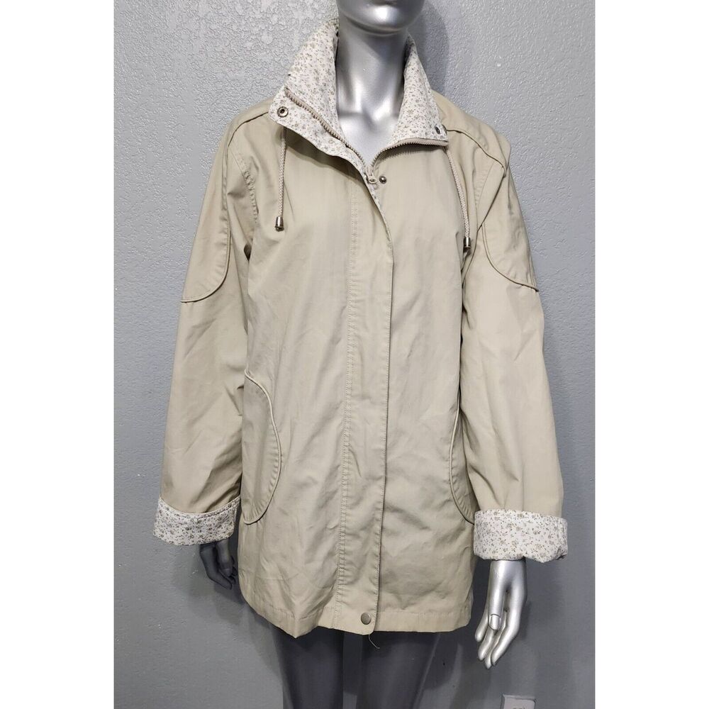 Blair vintage Women's‎ Medium Beige Hooded Jacket With Floral Lining & Snap Clos